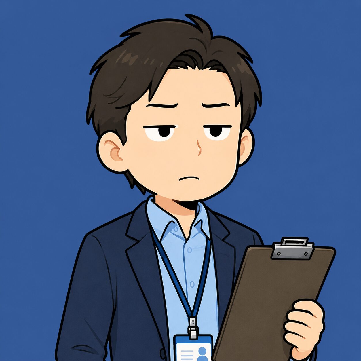 編集デスクのイラスト。ネイビーのジャケット姿でクリップボードを持っている。