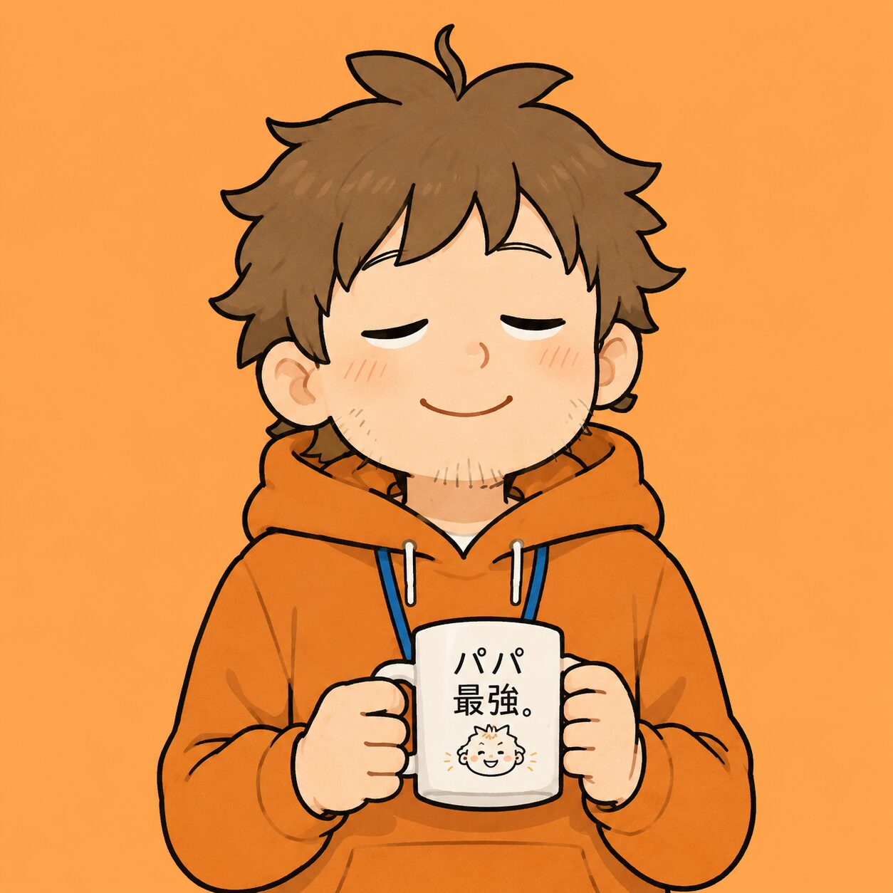 生活派パパのイラスト。オレンジのパーカー姿でマグカップを持っている。