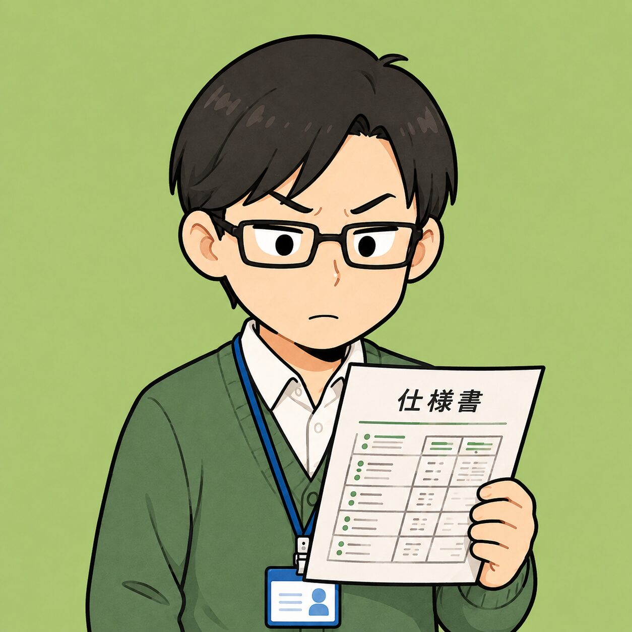 スペック先輩のイラスト。眼鏡をかけ、仕様書を持っている。