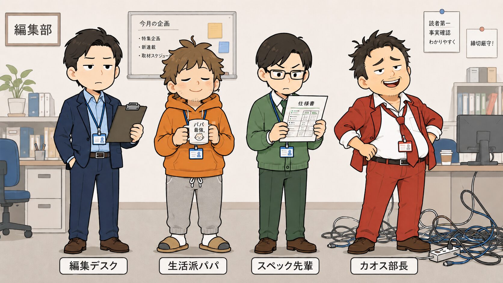 編集デスク、生活派パパ、スペック先輩、カオス部長が並ぶ編集部の集合イラスト。