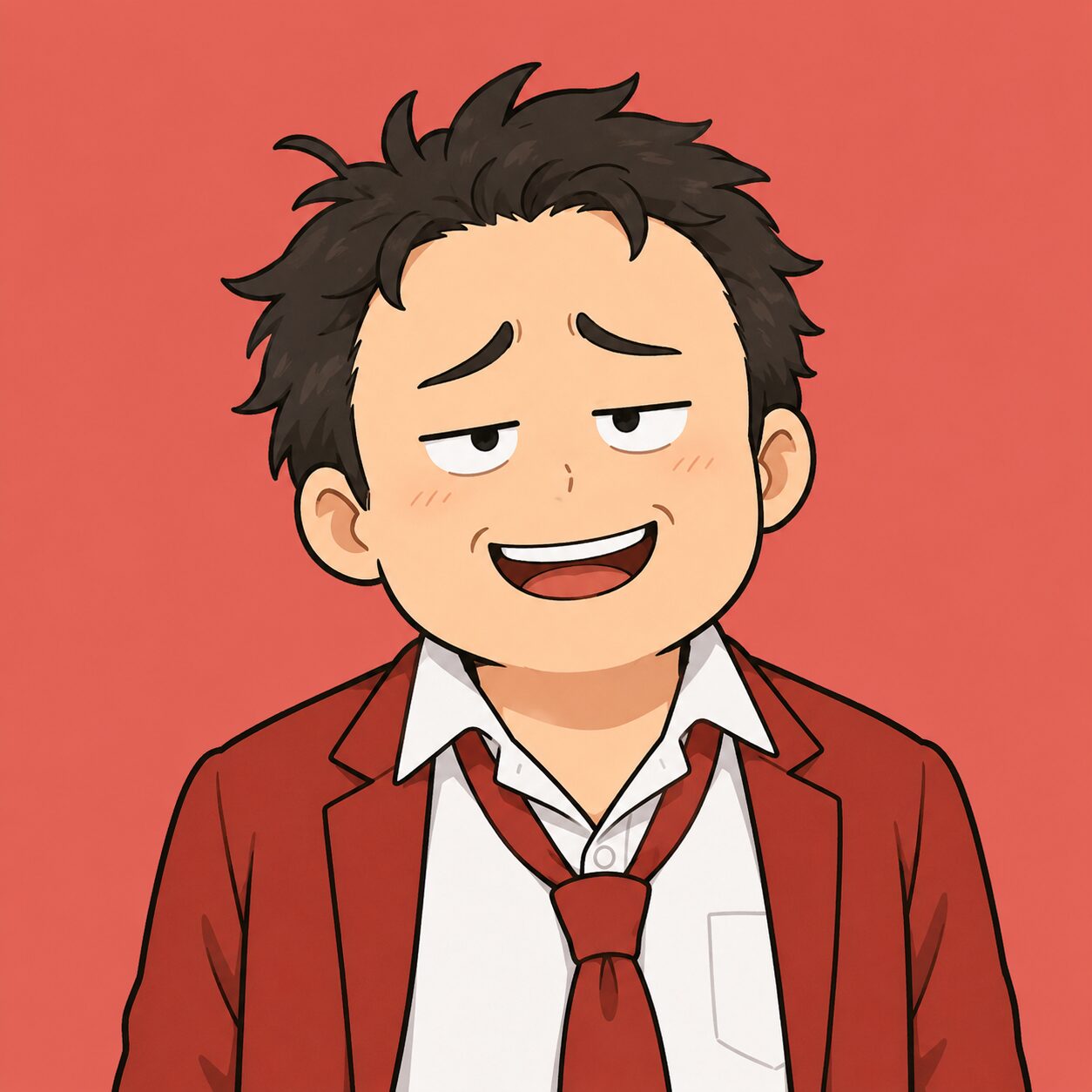 カオス部長のイラスト。赤いジャケットと緩んだネクタイ姿。